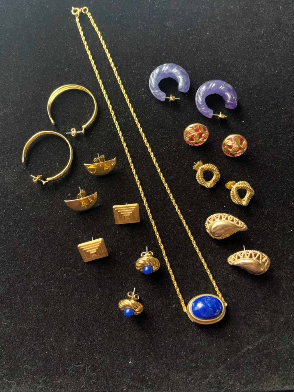 Vintage Avon 9pc Jewelry Lot Faux Lapis Necklace Lucite Enamel Gold Earrings